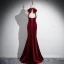 Charming Burgundy Rhinestone Velvet Evening Dresses 2024 Trumpet / Mermaid Halter Sleeveless Backless Bow Floor-Length / Long Evening Party Formal Dresses