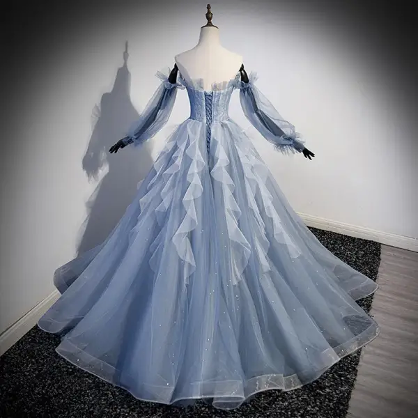 Fashion Sky Blue Beading Sequins Prom Dresses 2023 A-Line / Princess Strapless Short Sleeve Backless Floor-Length / Long Prom Formal Dresses