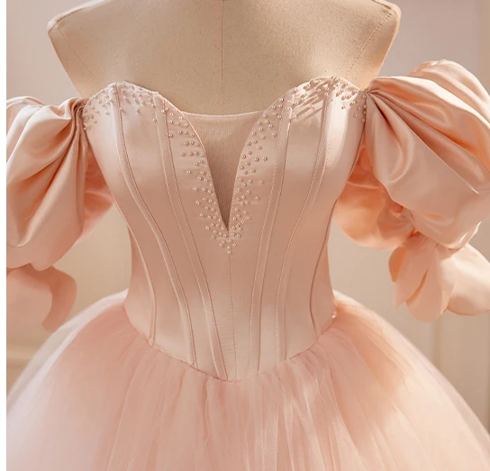 Chic / Beautiful Blushing Pink Beading Prom Dresses 2023 Ball Gown Off-The-Shoulder Puffy Short Sleeve Backless Floor-Length / Long Prom Formal Dresses