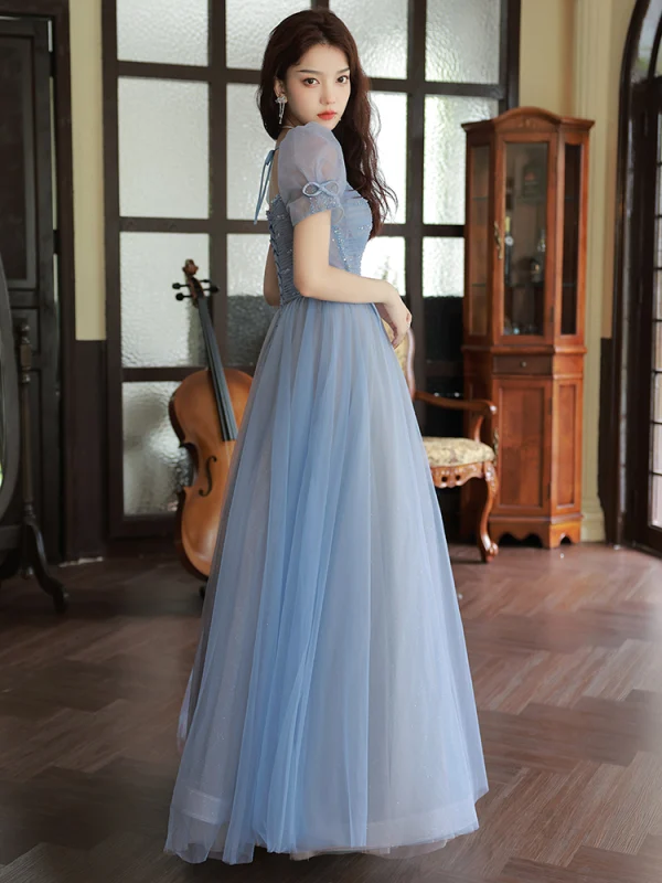 Simple Bleu Ciel Robe De Bal 2023 Princesse Encolure Carrée Manches Courtes Dos Nu Noeud Ceinture Longue Promo Robe De Ceremonie