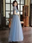 Simple Bleu Ciel Robe De Bal 2023 Princesse Encolure Carrée Manches Courtes Dos Nu Noeud Ceinture Longue Promo Robe De Ceremonie