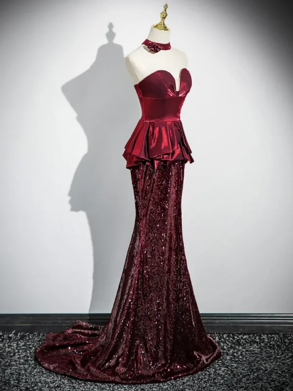 Sexy Bordeaux Paillettes Trompette / Sirène Robe De Bal 2024 Bustier Manches Courtes Dos Nu Train De Balayage Promo Robe De Ceremonie