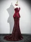 Sexy Bordeaux Paillettes Trompette / Sirène Robe De Bal 2024 Bustier Manches Courtes Dos Nu Train De Balayage Promo Robe De Ceremonie