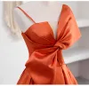 Fashion Orange Satin Prom Dresses 2023 A-Line / Princess Spaghetti Straps Bow Sleeveless Backless Floor-Length / Long Prom Formal Dresses