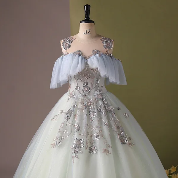 Élégant Vert Cendré Perlage Paillettes Robe De Bal 2024 Robe Boule Encolure Dégagée Manches Courtes Dos Nu Longue Promo Robe De Ceremonie