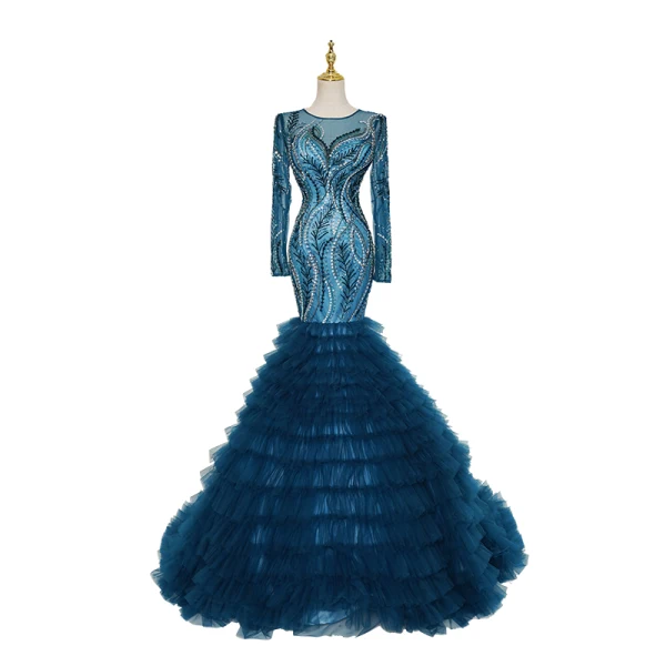 High-end Ocean Blue Handmade Beading Sequins Pierced Evening Dresses 2023 Trumpet / Mermaid Scoop Neck Long Sleeve Court Train Evening Party Formal Dresses