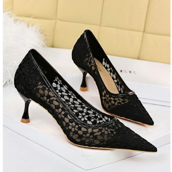 Sexy Schwarz Abend Spitze Pumps 2023 5 cm Stilettos Spitzschuh Hochhackige