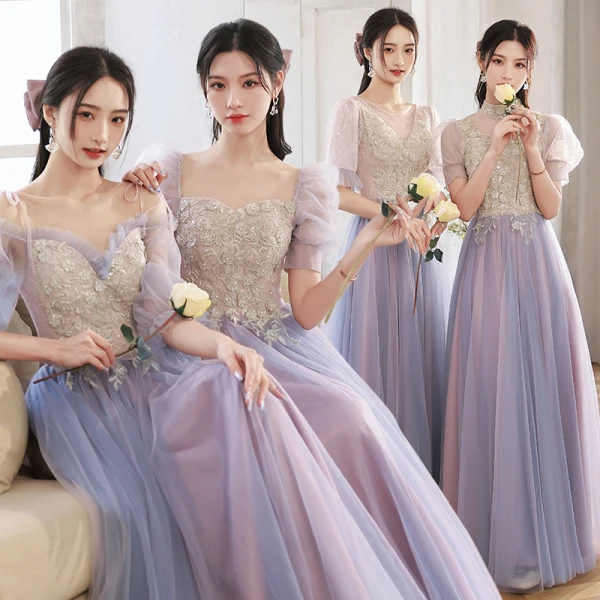 Elegant Purple Lace Flower Bridesmaid Dresses 2022 A-Line / Princess Beading Pearl Sequins Short Sleeve Backless Floor-Length / Long Bridesmaid Wedding Party Dresses