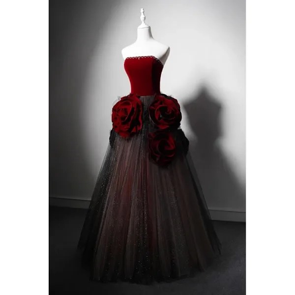 Charming Burgundy Pearl Rhinestone Glitter Prom Dresses 2024 A-Line / Princess Appliques Strapless Sleeveless Backless Floor-Length / Long Formal Dresses