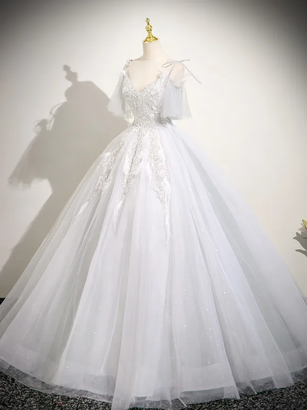 Charmant Blanche Perlage Paillettes Robe De Bal 2025 Robe Boule Bretelles Spaghetti Sans Manches Dos Nu Longue Robe De Ceremonie