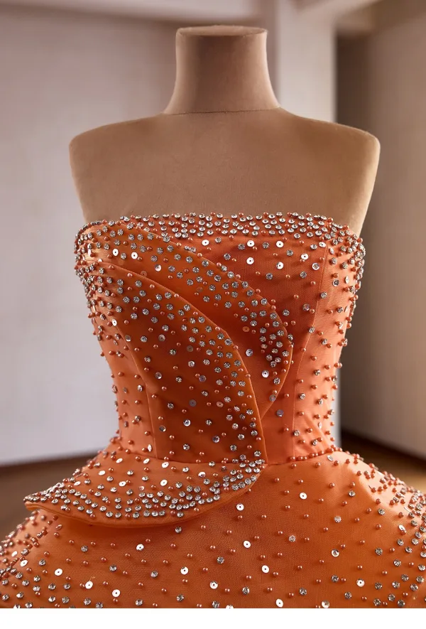 Mode Orange Fallende Rüsche Perle Pailletten Strass Ballkleider 2026 Ballkleid Bandeau Ärmellos Rückenfreies Sweep / Pinsel Zug Festliche Kleider