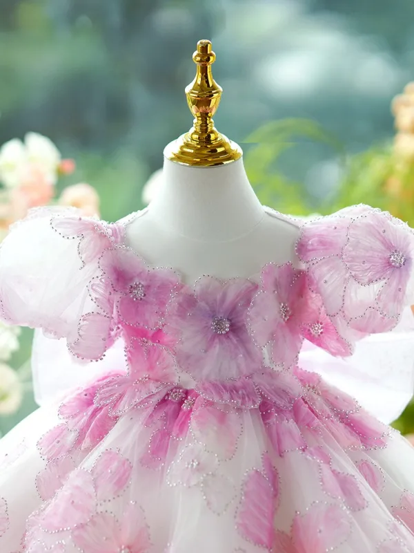 Chic / Beautiful Blushing Pink Appliques Beading Short Birthday Flower Girl Dresses 2024 Ball Gown Scoop Neck Puffy Short Sleeve Backless Tulle