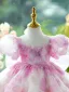 Chic / Beautiful Blushing Pink Appliques Beading Short Birthday Flower Girl Dresses 2024 Ball Gown Scoop Neck Puffy Short Sleeve Backless Tulle