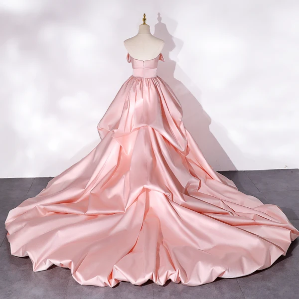 High-end Fashion Candy Pink Satin Cascading Ruffles Prom Dresses 2022 Strapless Sleeveless Backless Royal Train Prom Formal Dresses
