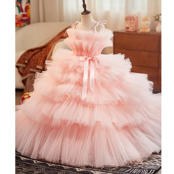 Fashion Blushing Pink Cascading Ruffles Birthday Flower Girl Dresses 2025 Ball Gown Spaghetti Straps Sleeveless Backless Bow Sash Court Train