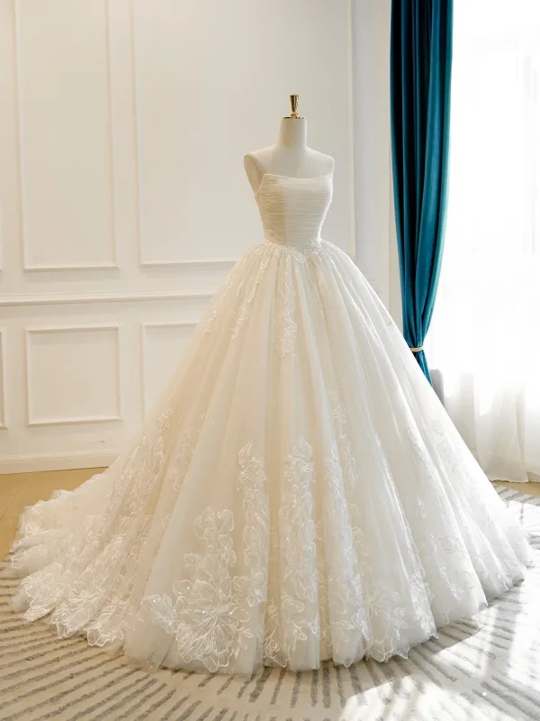 High End Elegante Champagner Handgefertigt Pailletten Spitze Blumen Brautkleider / Hochzeitskleider 2026 Ballkleid Bandeau Ärmellos Rückenfreies Hof-Schleppe