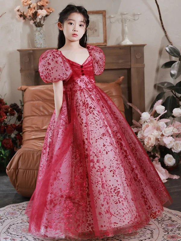 Chic / Beautiful Red Sequins Evening Party Flower Girl Dresses 2022 A-Line / Princess V-Neck Puffy Short Sleeve Floor-Length / Long Flower Girl Dresses
