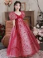Chic / Beautiful Red Sequins Evening Party Flower Girl Dresses 2022 A-Line / Princess V-Neck Puffy Short Sleeve Floor-Length / Long Flower Girl Dresses