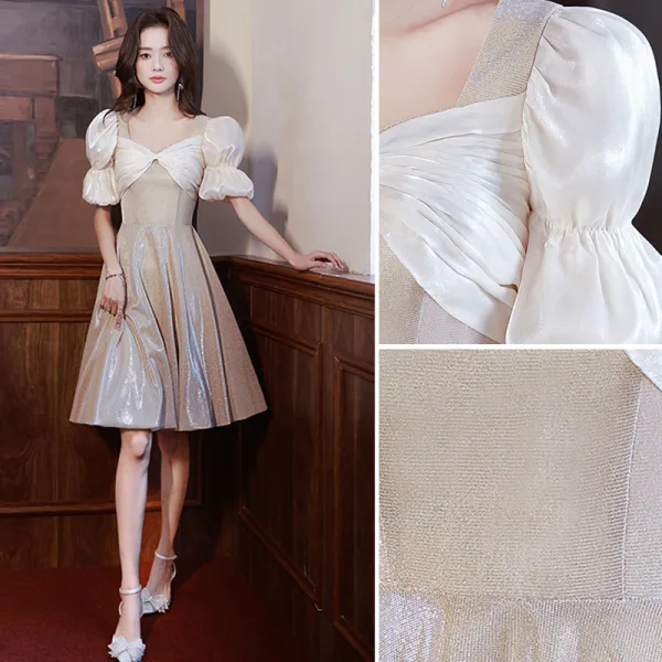 Audrey Hepburn Style Champagne Sequins Homecoming Graduation Dresses 2022 A-Line / Princess Bow Square Neckline Puffy Short Sleeve Knee-Length Graduation Dresses