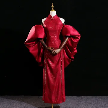 Kinesisk Stil Burgundy Utskrift Afton Cheongsam 2025 Trumpet Sjöjungfru Hög Hals Ärmlös Halterneck Långa