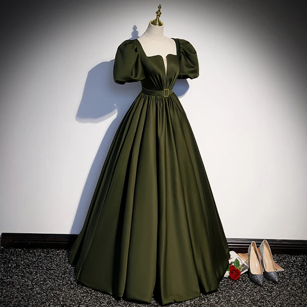 Vintage / Retro Satin Dark Green Prom Dresses 2022 A-Line / Princess Square Neckline Puffy Short Sleeve Backless Bow Sash Floor-Length / Long Formal Dresses