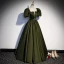 Vintage / Retro Satin Dark Green Prom Dresses 2022 A-Line / Princess Square Neckline Puffy Short Sleeve Backless Bow Sash Floor-Length / Long Formal Dresses