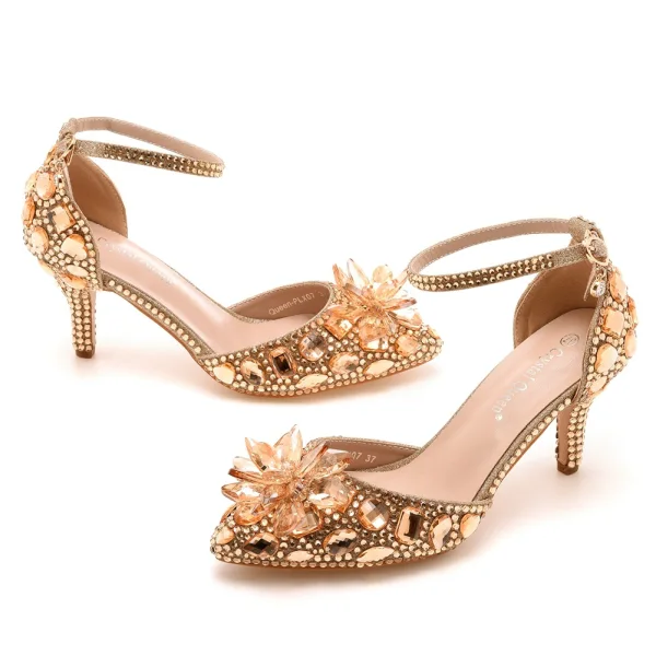 Charming White Rhinestone Crystal Wedding Shoes 2023 Ankle Strap 7 cm Stiletto Heels Pointed Toe Wedding High Heels