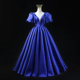 Vintage Originale Bleu Roi Robe De Bal 2024 Robe Boule V Cou Gonflée Manches Courtes Dos Nu Longue Promo Robe De Ceremonie
