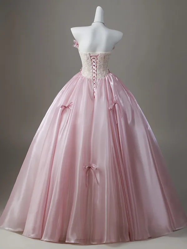 Chic / Beautiful Blushing Pink Appliques Lace Flower Bow Prom Dresses 2026 Ball Gown Strapless Sleeveless Backless Floor-Length / Long Prom Formal Dresses