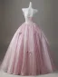 Chic / Beautiful Blushing Pink Appliques Lace Flower Bow Prom Dresses 2026 Ball Gown Strapless Sleeveless Backless Floor-Length / Long Prom Formal Dresses
