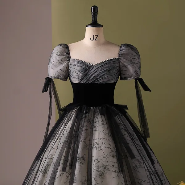Elegant Black Printing Prom Dresses 2024 Ball Gown Square Neckline Short Sleeve Backless Floor-Length / Long Prom Formal Dresses