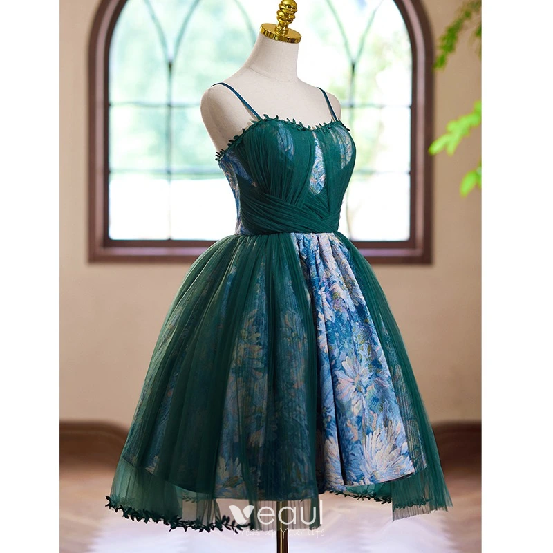 Vintage Retro Dark Green Printing Homecoming Graduation Dresses 2024 Short Ball Gown
