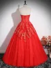 Chic / Beautiful Red Flower Sequins Prom Dresses 2024 Ball Gown Strapless Sleeveless Backless Floor-Length / Long Prom Formal Dresses