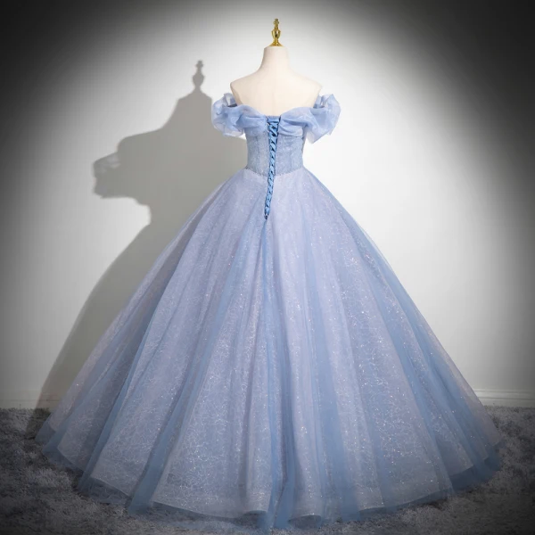 Bling Bling Sky Blue Glitter Beading Pearl Prom Dresses 2024 Ball Gown Off-The-Shoulder Short Sleeve Backless Floor-Length / Long Prom Formal Dresses