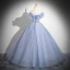 Bling Bling Sky Blue Glitter Beading Pearl Prom Dresses 2024 Ball Gown Off-The-Shoulder Short Sleeve Backless Floor-Length / Long Prom Formal Dresses