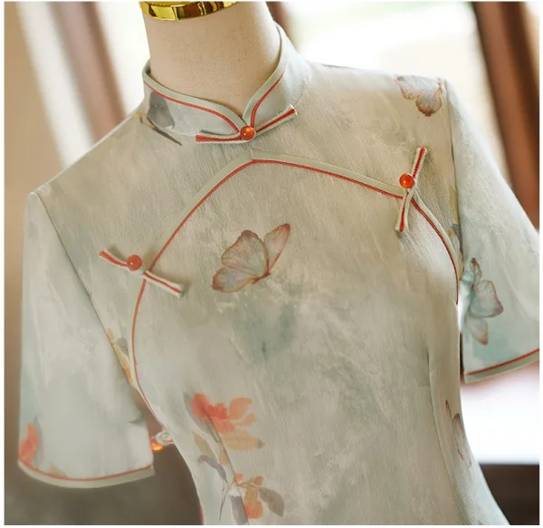 Chinese style Sage Green Butterfly Printing Split Front Cheongsam 2024 Trumpet / Mermaid High Neck Short Sleeve Prom Floor-Length / Long