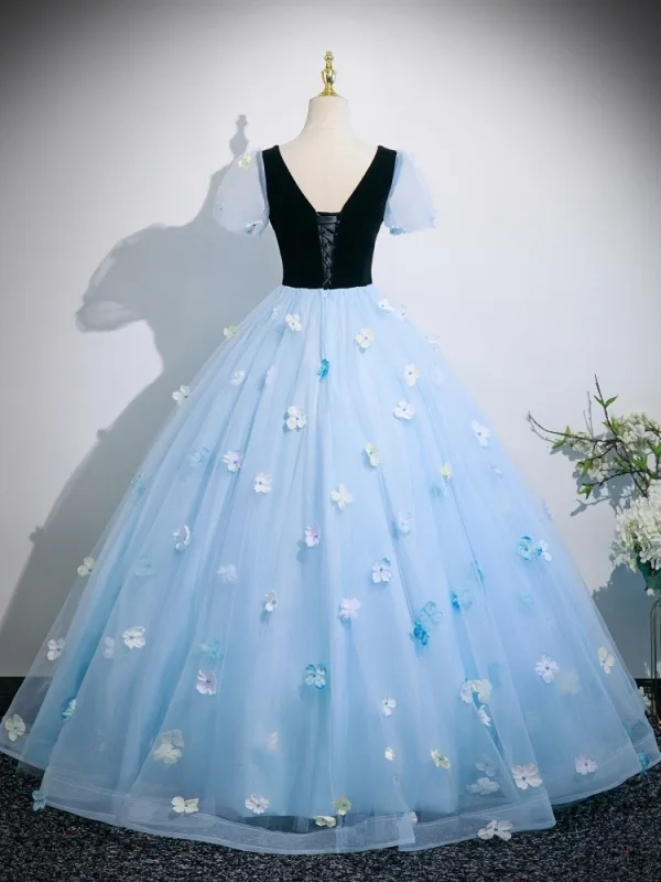 Schöne Himmelblau Applikationen Ball Ballkleider 2025 Ballkleid V-Ausschnitt Kurze Ärmel Rückenfreies Lange Festliche Kleider