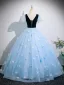 Schöne Himmelblau Applikationen Ball Ballkleider 2025 Ballkleid V-Ausschnitt Kurze Ärmel Rückenfreies Lange Festliche Kleider