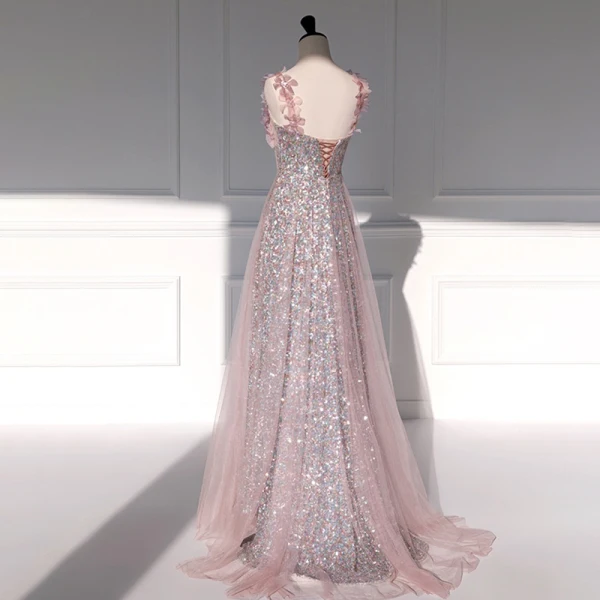 Charmant Rougissant Rose Paillettes Appliques Robe De Soirée 2023 Princesse Bretelles Spaghetti Sans Manches Dos Nu Longue Soirée Robe De Ceremonie