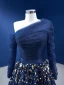 Vintage High End Marineblau Pailletten Ballkleider 2022 A Linie One-Shoulder Lange Ärmel Rückenfreies Sweep / Pinsel Zug Ball Festliche Kleider