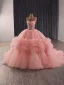 High End Pink Perlenstickerei Fallende Rüsche Brautkleider / Hochzeitskleider 2025 Ballkleid Bandeau Ärmellos Rückenfreies Kapelle-Schleppe Hochzeit