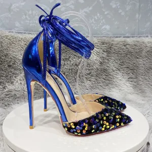 Charming Royal Blue Sequins Evening Party Womens Sandals 2022 12 Cm Stiletto Heels Ankle Strap Pointed Toe Womens Shoes High Heels