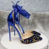 Charming Royal Blue Sequins Evening Party Womens Sandals 2022 12 cm Stiletto Heels Ankle Strap Pointed Toe Womens Shoes High Heels