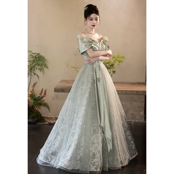 Chic / Beautiful Sage Green Printing Sequins Prom Dresses 2024 A-Line / Princess Off-The-Shoulder Short Sleeve Backless Floor-Length / Long Prom Formal Dresses