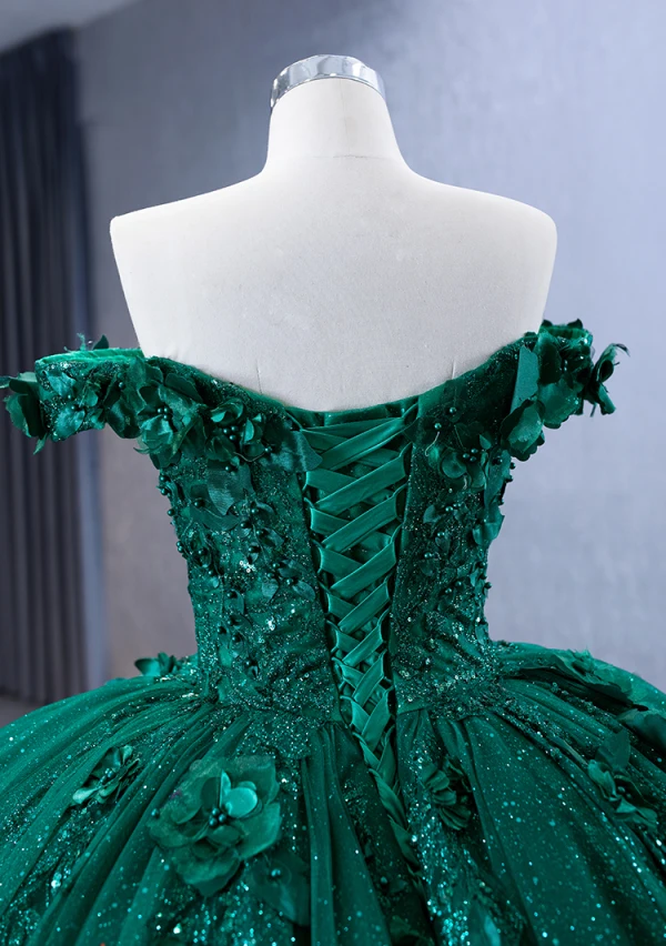 Luxury / Gorgeous Dark Green Handmade  Beading Sequins Appliques Prom Dresses 2023 Ball Gown Off-The-Shoulder Sleeveless Backless Court Train Prom Formal Dresses