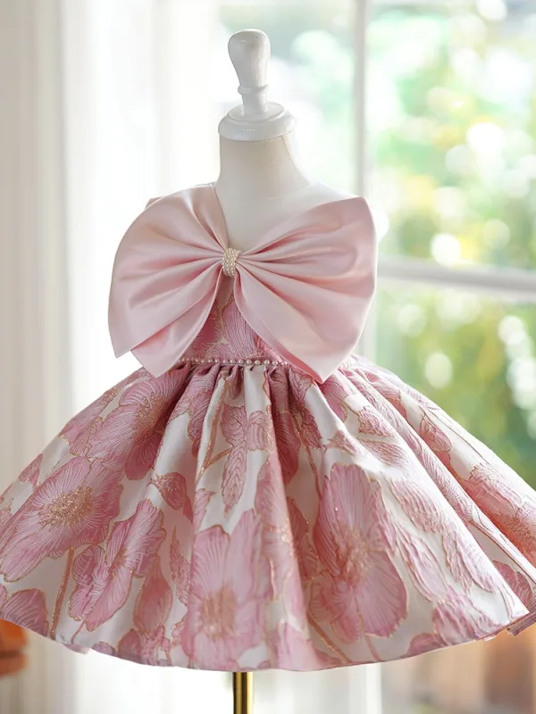 Lovely Blushing Pink Pearl Printing Short Birthday Flower Girl Dresses 2024 Ball Gown Scoop Neck Bow Sleeveless