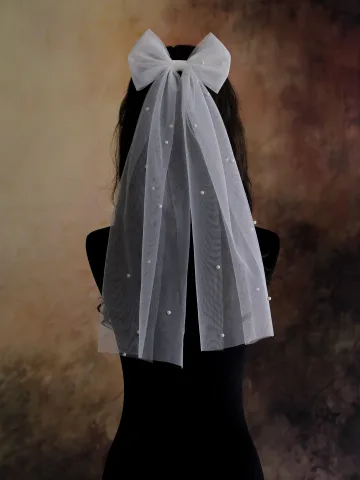 Charmant Blanche Perle Noeud Voile De Mariée 2026