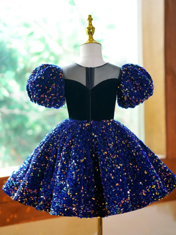 Sparkly Royal Blue Sequins Short Birthday Flower Girl Dresses 2023 Ball Gown Scoop Neck Puffy Short Sleeve Flower Girl Dresses