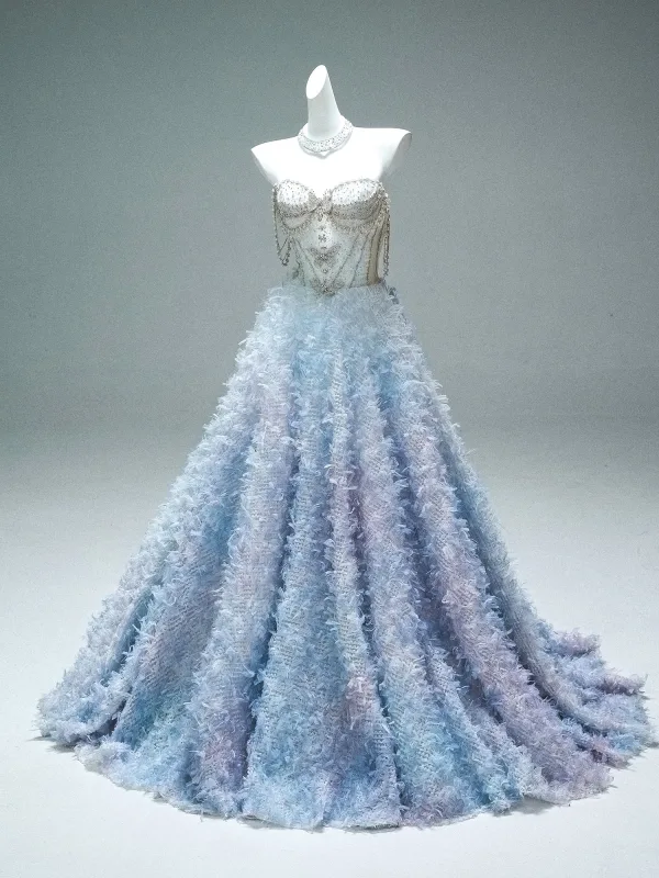 Luxury / Gorgeous Charming Sky Blue Handmade  Beading Rhinestone Pearl Appliques Prom Dresses 2025 Ball Gown Strapless Sleeveless Backless Floor-Length / Long