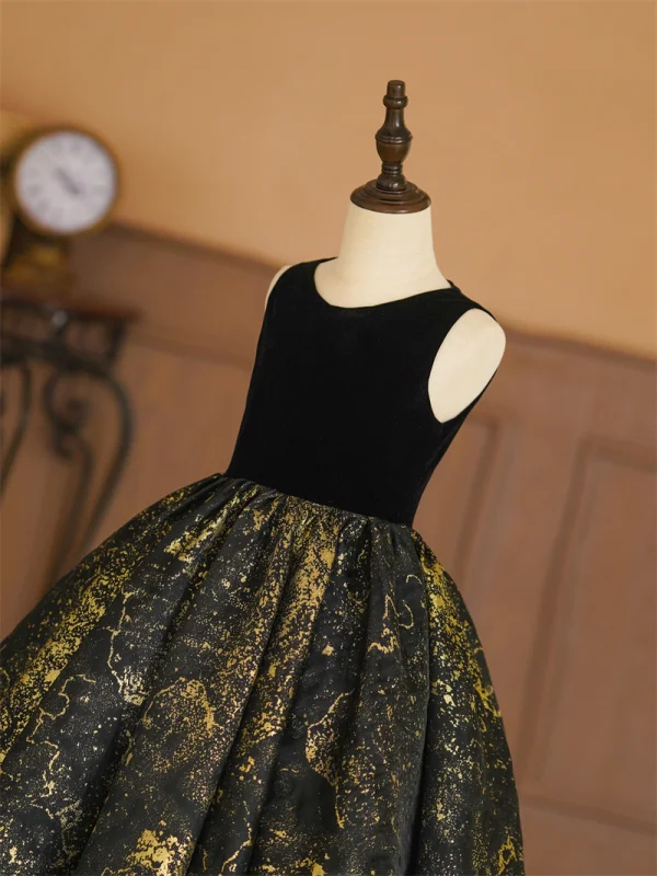 Elegant Gold Black Birthday Flower Girl Dresses 2024 Ball Gown Scoop Neck Sleeveless Floor-Length / Long